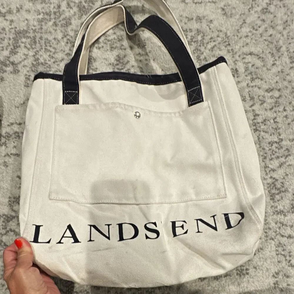 Lands' End Ivory/Navy Logo Tote Bag Snap Closure Inner Pockets Double Handles